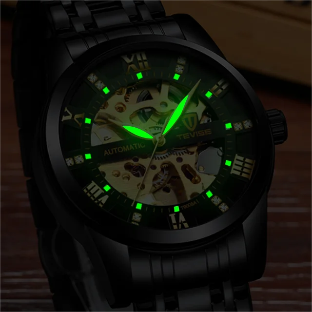 TEVISE T9005A 9005A Mechanical Roman Digital Hollow Luminous Function Automatic 3ATM Waterproof Stainless Steel Men's Watches