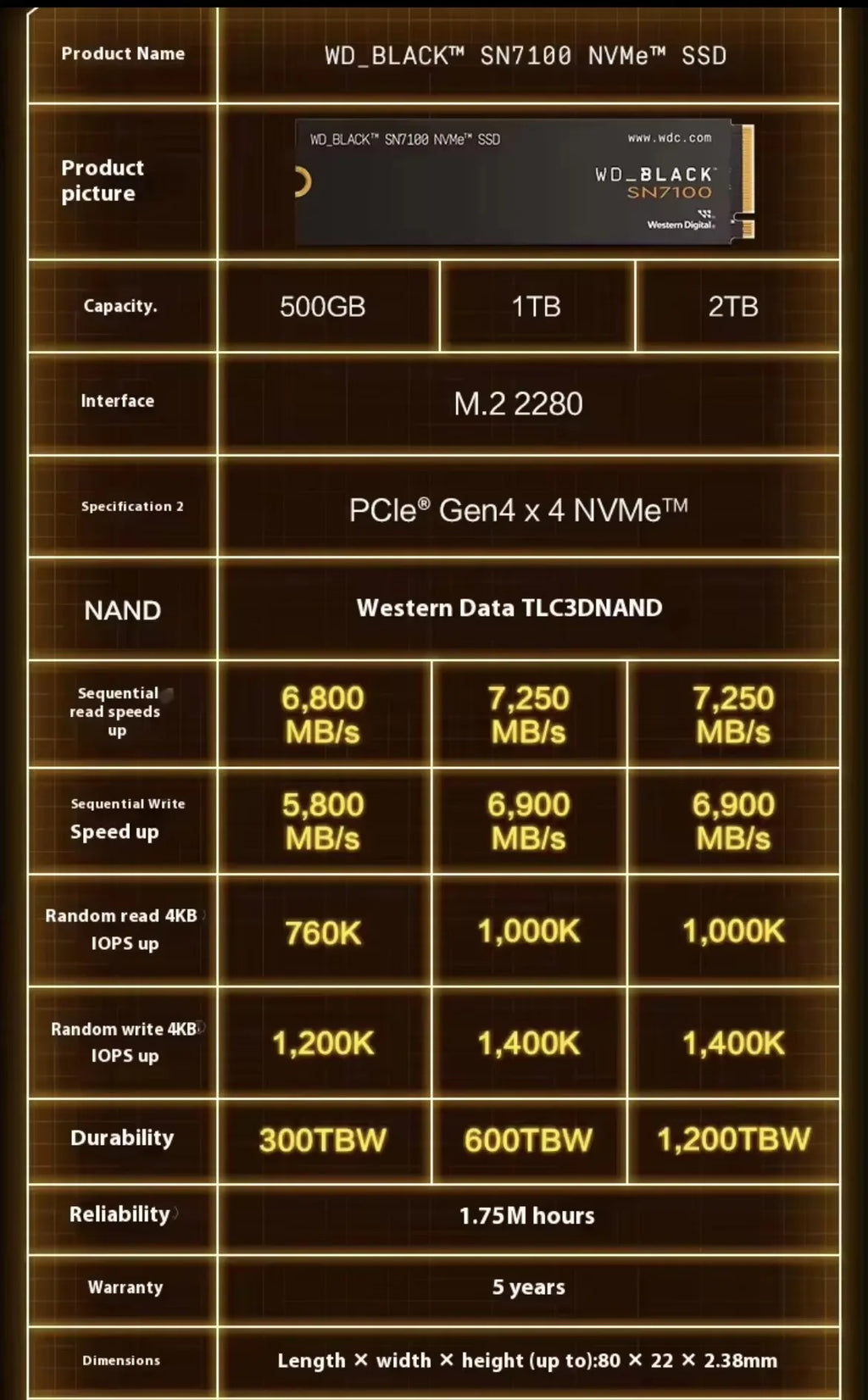 Original WD_BLACK SN7100 SSD 2TB 1TB 500GB Hard Drive Internal Gaming Solid State Drive PCIe Gen4 NVMe M2 2280 SSD Upto 7250mb/s