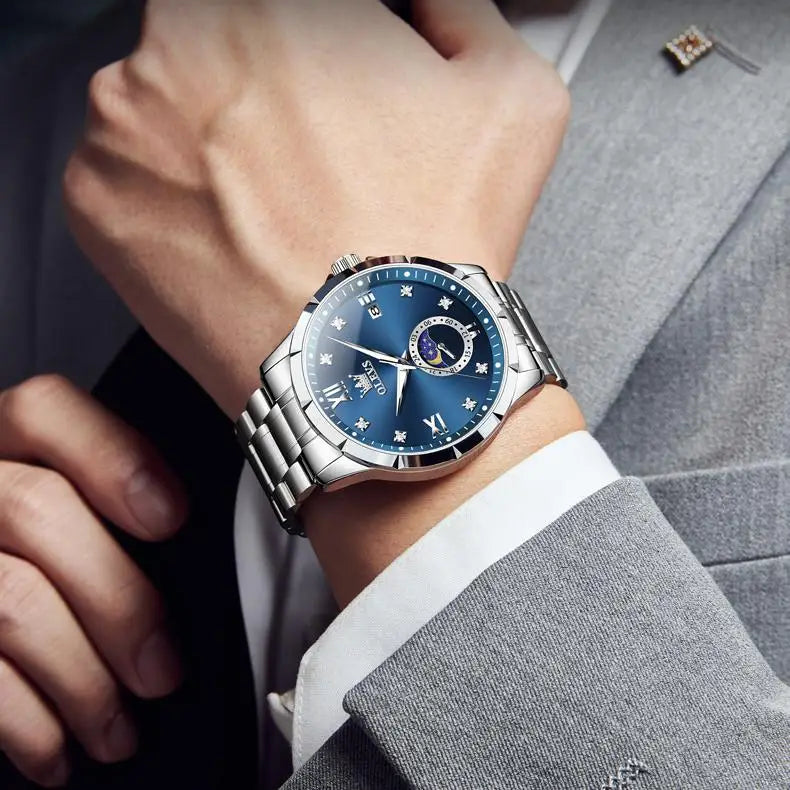 OLEVS 2956 Moon-Phase Wristwatch New Luxury Men's Watches Business Quartz Men Date Fashion Waterproof Stainless Steel Belt Watch