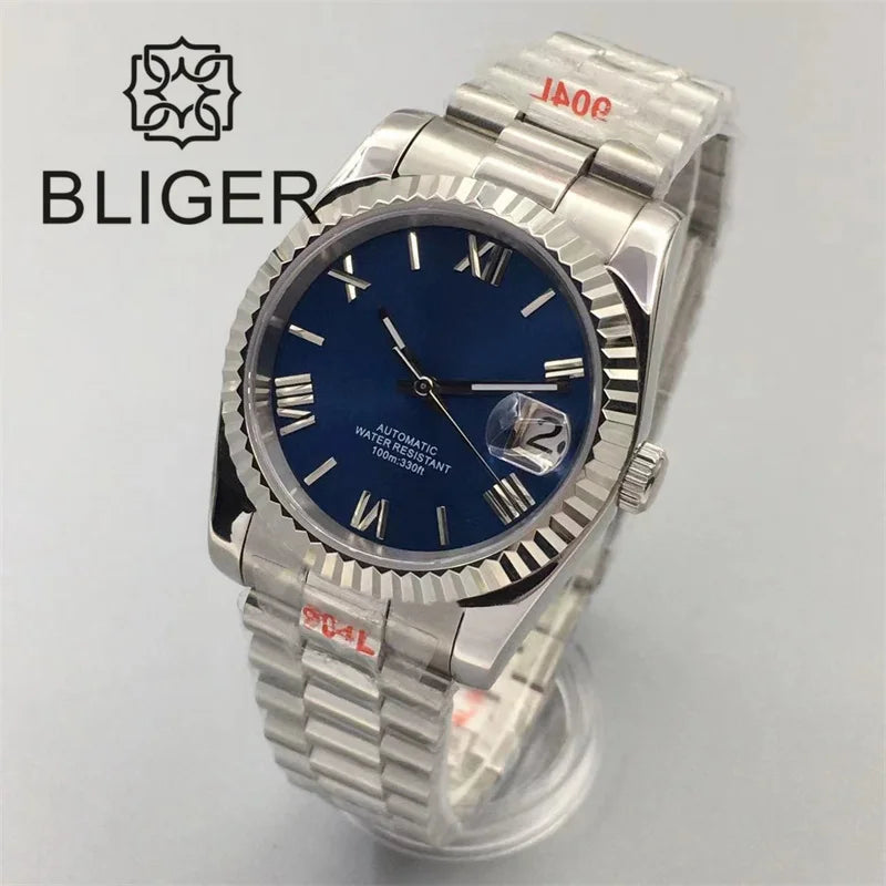 Stylish BLIGER Men's Watches with NH35 Movement 36mm/39mm President Bracelet Fluted Frame ScratchResistant Sapphire Glass