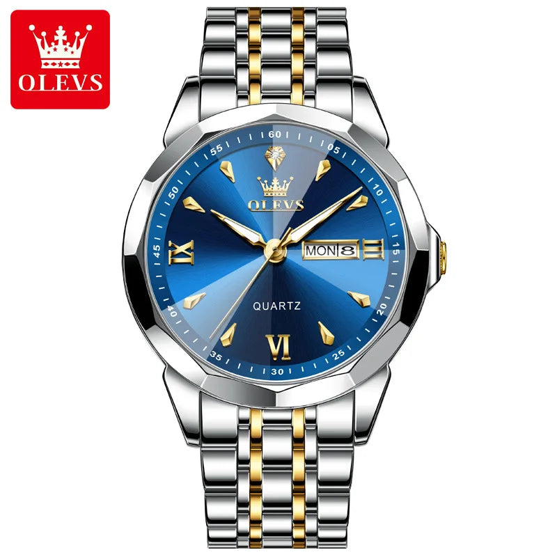 OLEVS 9998 Luxury Male Dual Calendar Luminous Wristwatch Fashion Original Men's Watches Waterproof Stainless Steel Quartz Watch