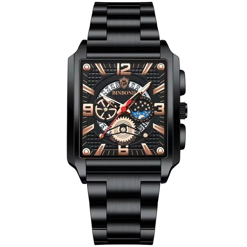 Binbond B6575 6575 Casual Square Waterproof Watch Stainless Steel Quartz Wrist Genuine Leather Belt Luminous Hands Men's Watches