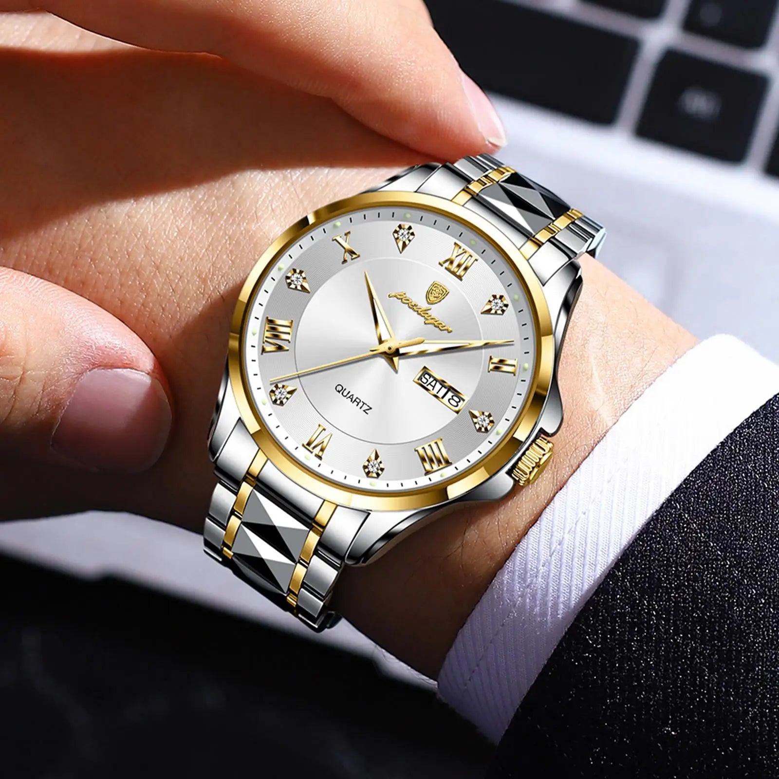 POEDAGAR 883 Date Week Man Wristwatch Stainless Steel Belt Fashion Men Clock Waterproof Luminous Quartz Men's Watches Male Reloj