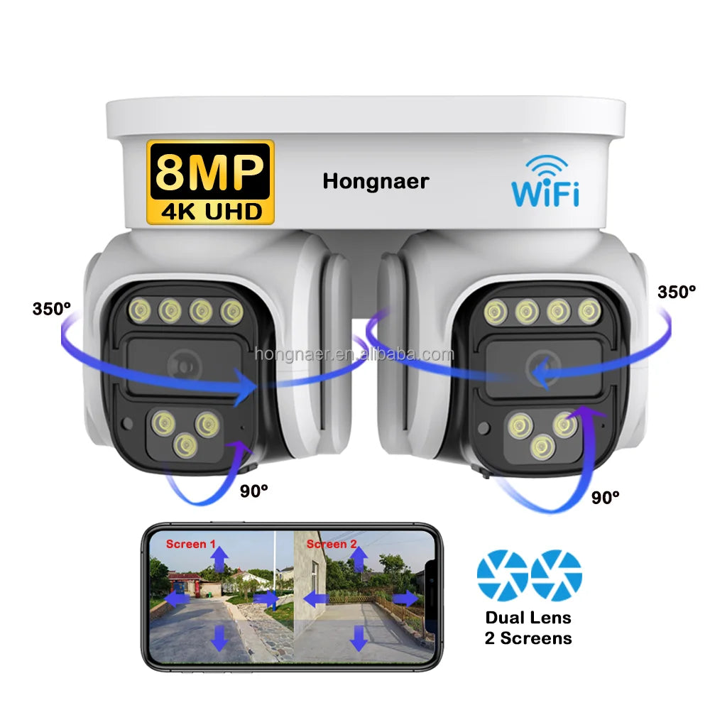 Hongnaer New 8MP Wireless WiFi Video Surveillance CCTV PTZ Camera Home Dual Lens 360 4K Outdoor WiFi Security Camera