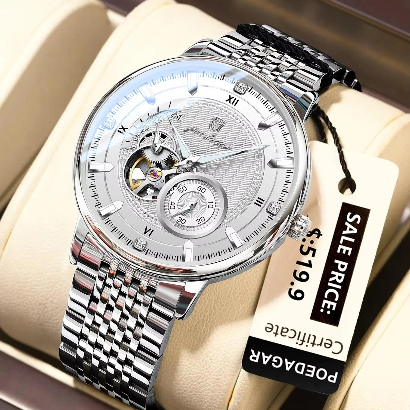 POEDAGAR 1416 Top Luxury Men Luminous Hollow Tourbillon Automatic Man Wristwatch Mechanical Stainless Steel Men's Watches Reloj