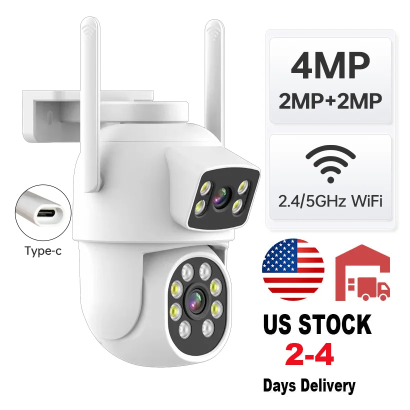 US Local Stock Mini Ptz Dual Lens 4MP HD WiFi Camera Dual View Built-in Microphone Two Way Audio Wireless Smart Camera