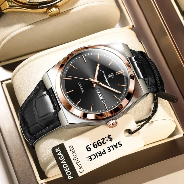 POEDAGAR 930 Luxury Watch for Man Waterproof Luminous Date Week Leather Men Watch Casual Quartz Men's Watches Male Clock