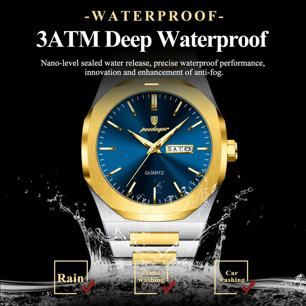 POEDAGAR 825 Men Waterproof Luminous Week Man Watch Quartz Men's Watches Luxury Casual Stainless Steel Fashion Sports Wristwatch