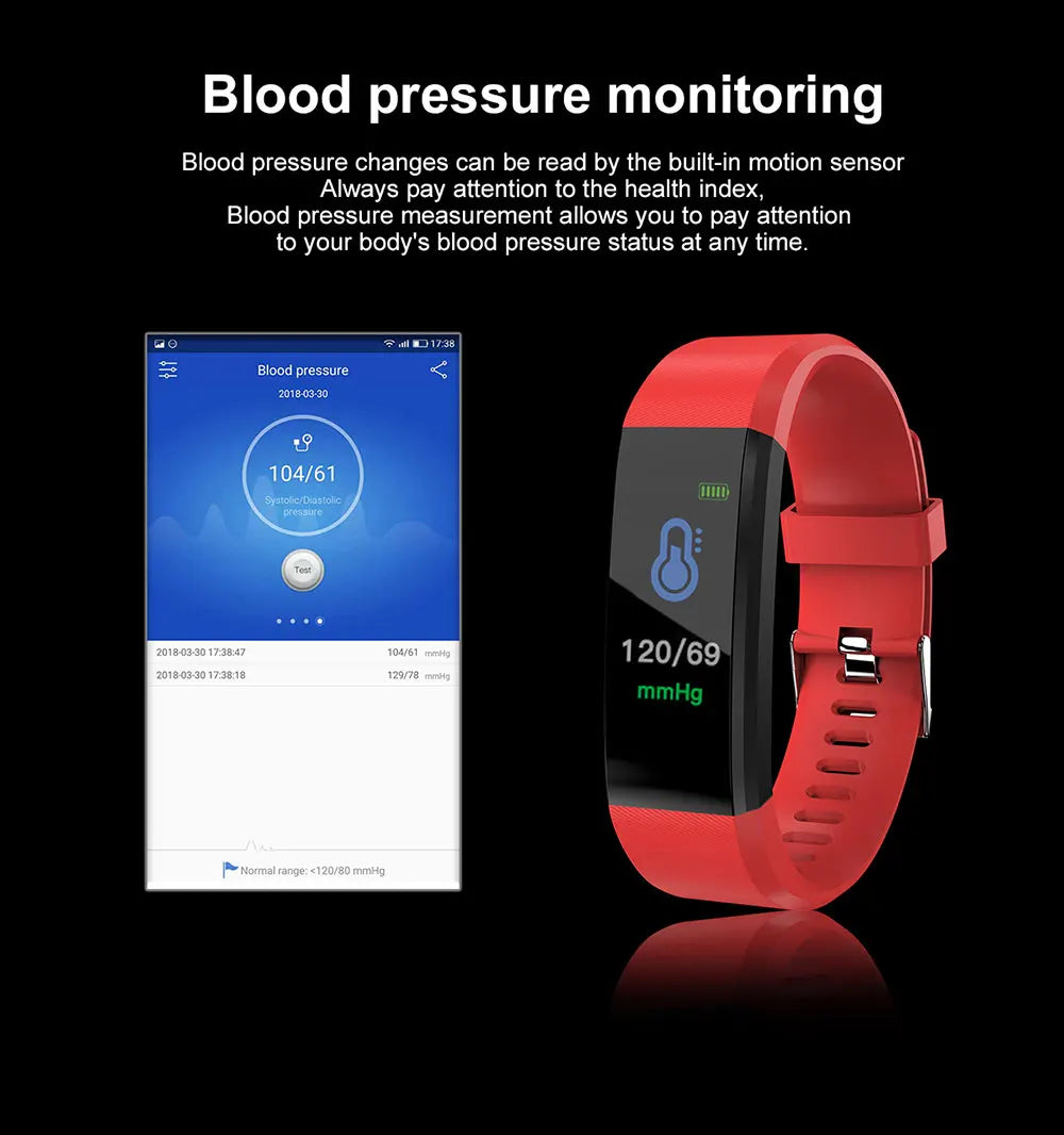 New 115Plus Smart Watch Health Bracelet with Heart Rate & Blood Pressure Monitoring Fitness Tracker Bluetooth Wristband