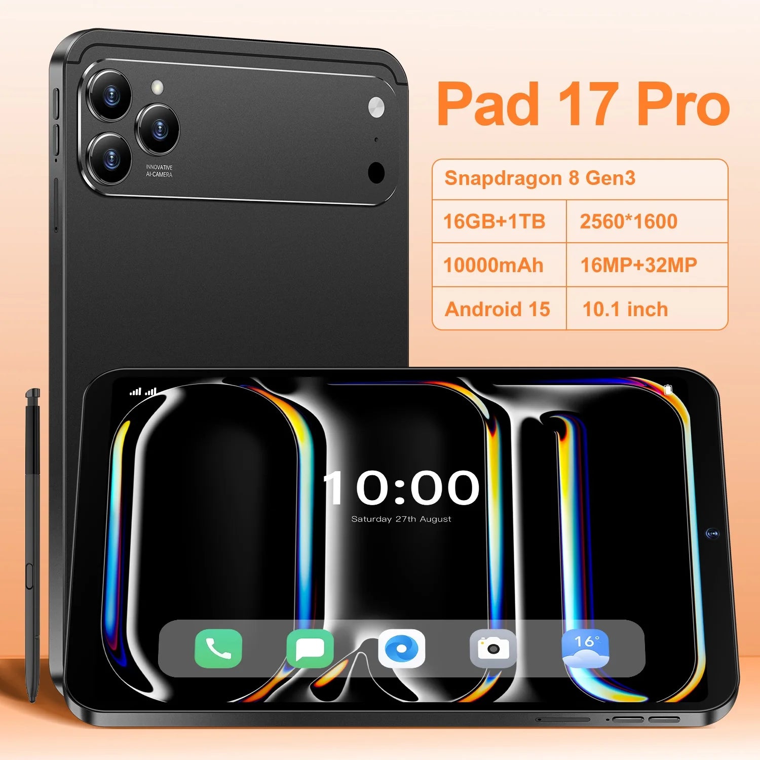 New Pad 17 Pro Educational Tablet PC 10.1" 2560x1600 Capacitive Screen 16GB Storage 5G/4G/3G/Wi-Fi Android 15 Dual Core 1.5GHz