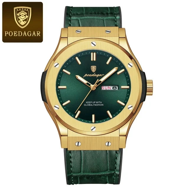 POEDAGAR Fashion Men's Watches Trend Classic Classic Quartz Watch for Man Waterproof Luminous Week Date Wristwatch Leather 952