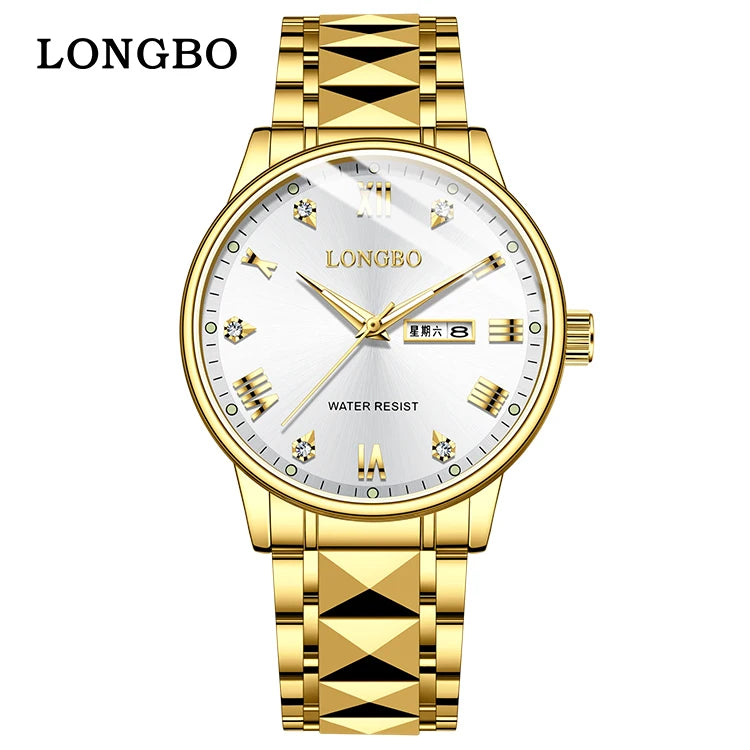 LONGBO 83702 New Arrival Quartz Men Watch Fashion Classic Stainless Steel Diamond Dial Gold Belt Dual Calendar for Men's Watches