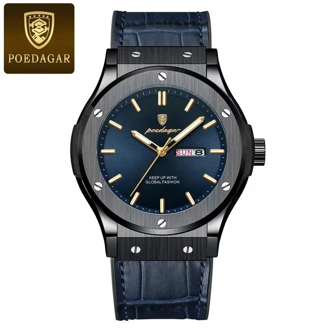 POEDAGAR 952 Fashion Men's Watches Trend Classic New Quartz Watch for Man Waterproof Luminous Week Date Wristwatch Leather
