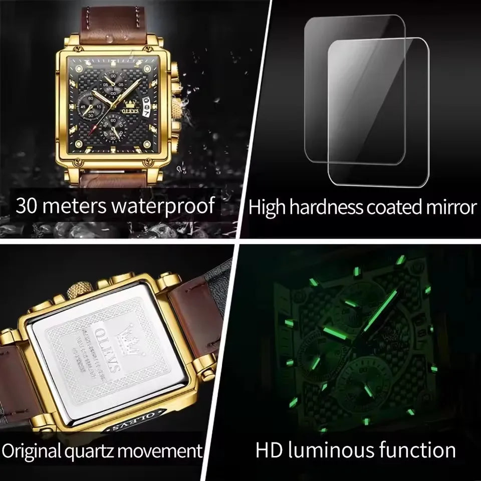 OLEVS Men's Watches 9925 Gold Black Square Quartz Watch Men Classic Leather Strap Fashion Waterproof Chronograph Wristwatch
