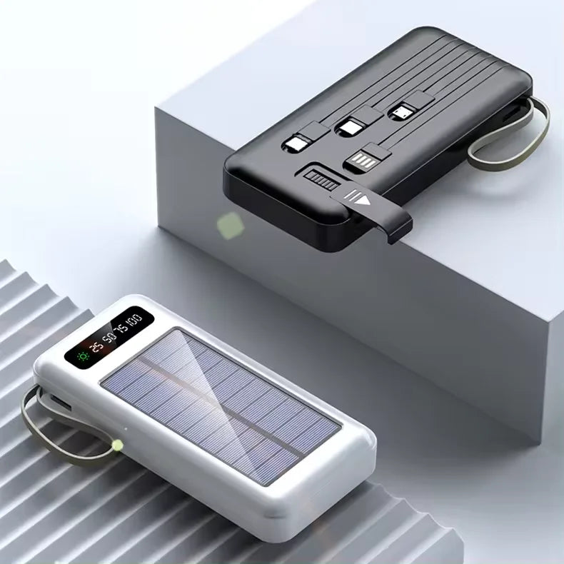 Lanyard Design Comes with Mobile Phone Holder 2USB Output 1 to 4 Output Charging Cable 30000mah Solar Power Bank