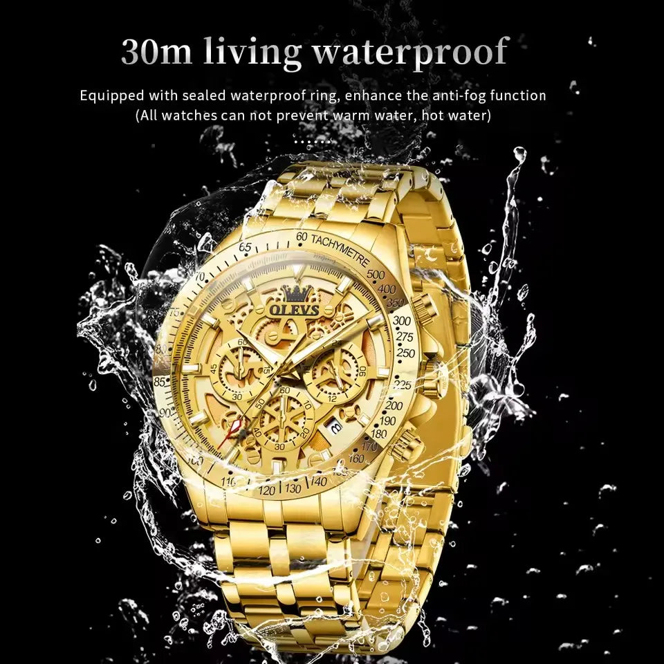 OLEVS Men's Watches Stainless Steel Quartz Watch for Men Waterproof Luminous Chronograph Calendar Men's Wristwatch Gold White