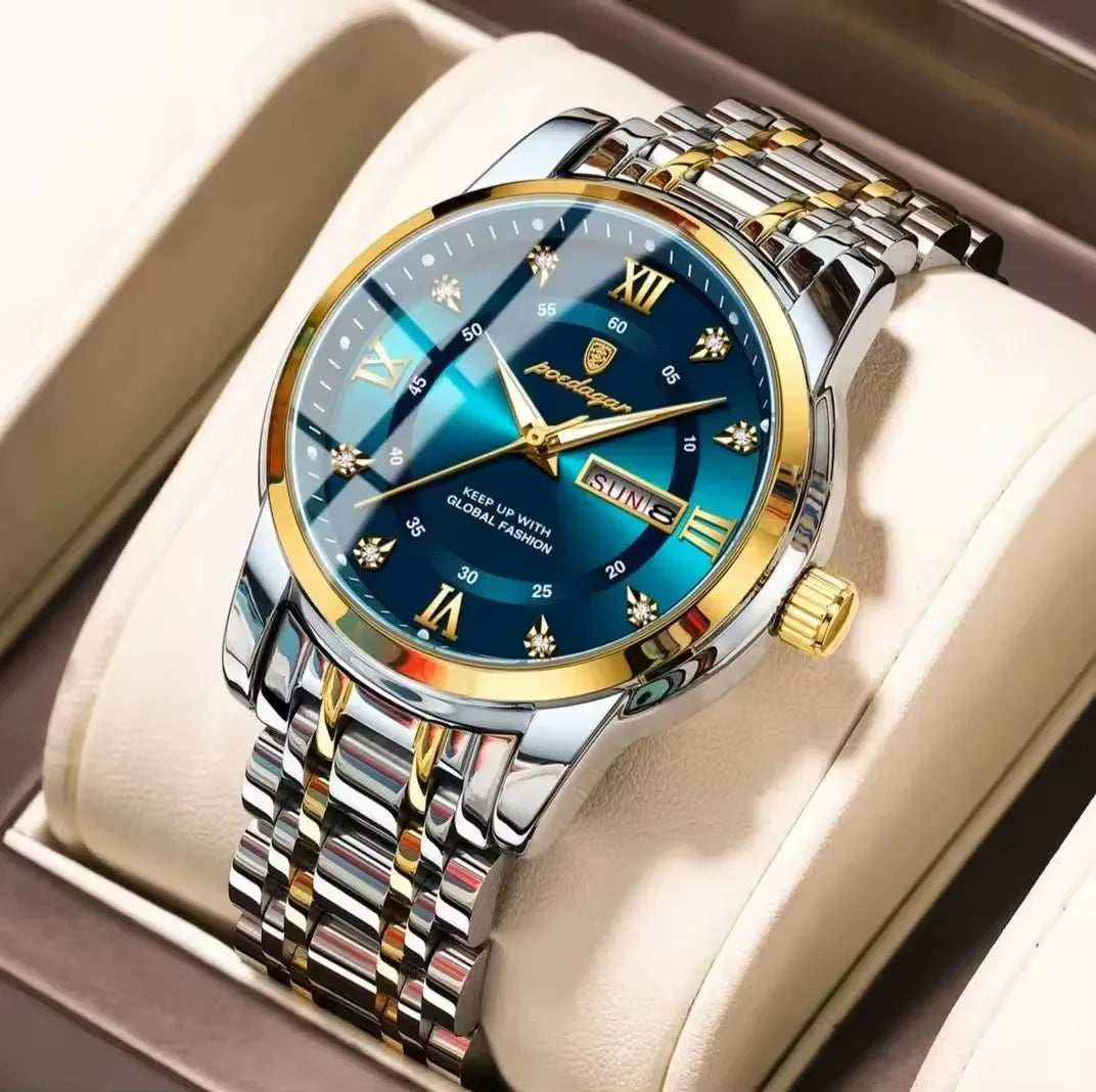 POEDAGAR Watch for Man Elegant Date Week Waterproof Luminous Men Watch Quartz Stainless Steel Sports Men's Watches Reloj 936