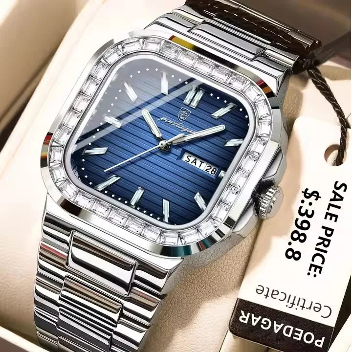 POEDAGAR Luxury Watch for Men Waterproof Luminous Date Week Man Wristwatch Stainless Steel Square Diamond Quartz Men's Watches