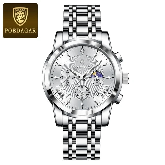 POEDAGAR 813 Fashion Men Quartz Watch Waterproof Luminous Date Chronograph Wristwatch Man Luxury Stainless Steel Men's Watches