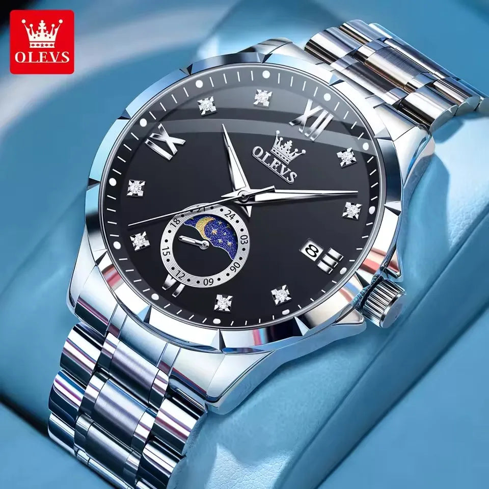 OLEVS 2956 Moon-Phase Wristwatch New Luxury Men's Watches Business Quartz Men Date Fashion Waterproof Stainless Steel Belt Watch