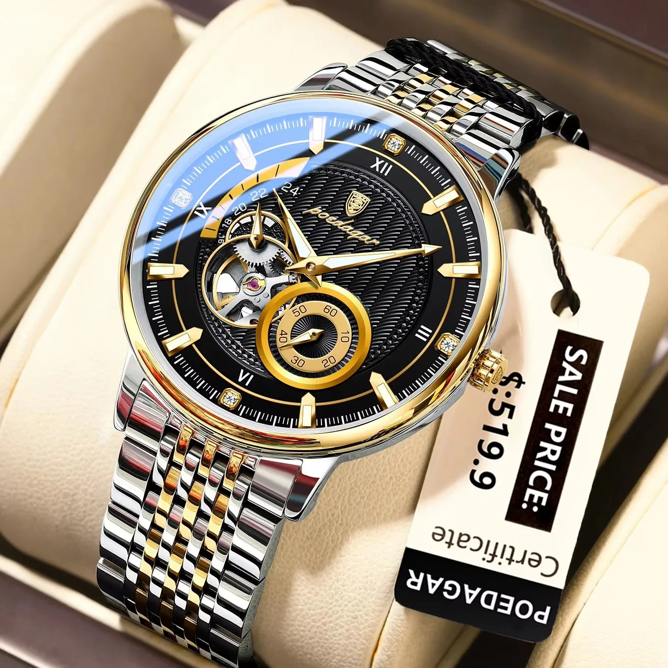 POEDAGAR 1416 Stainless Steel Men Waterproof Automatic New Luxury Man Watch Tourbillon Mechanical Hollow Out Men's Watches