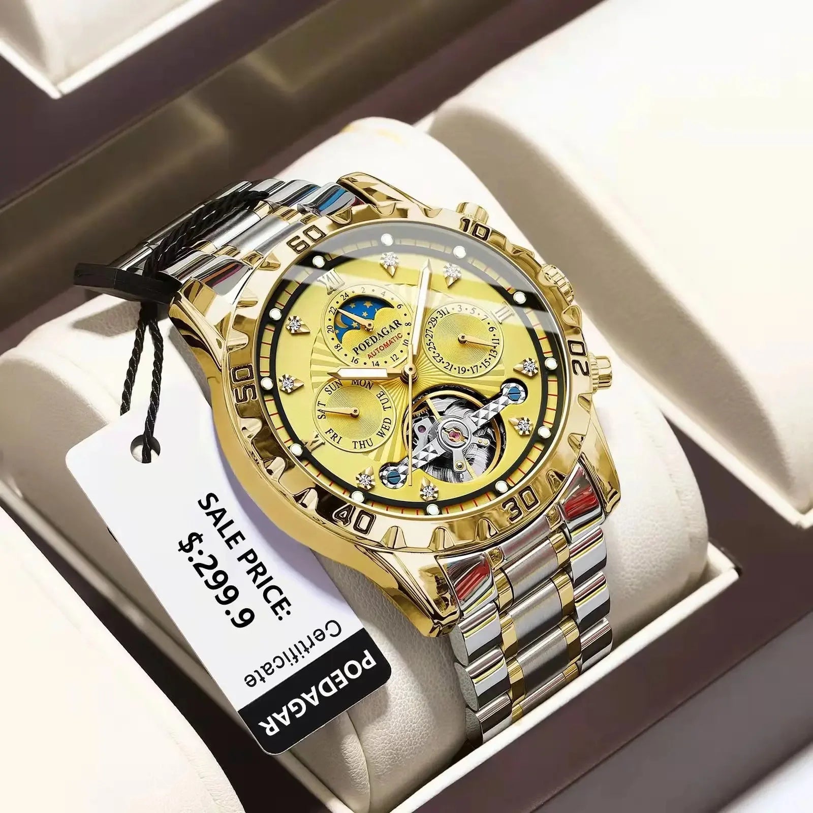 POEDAGAR 1412 Luxury Automatic Mechanical Tourbillon Waterproof Luminous Date Week Men Wristwatch Stainless Steel Men's Watches