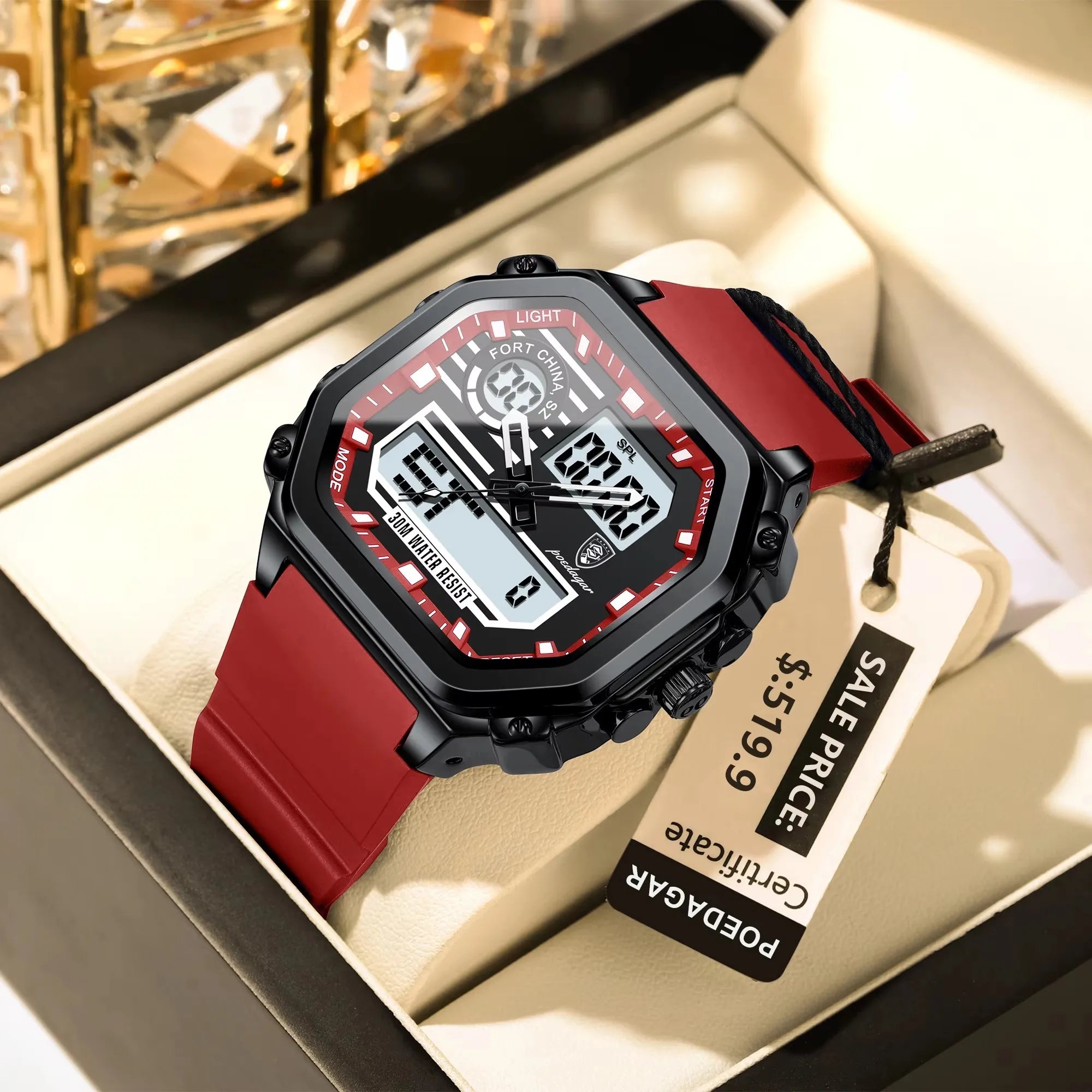 POEDAGAR 993 Luminous Week Date Square Wristwatch Sports LED Men Watch Waterproof Silicone Strap Electronic Quartz Men's Watches
