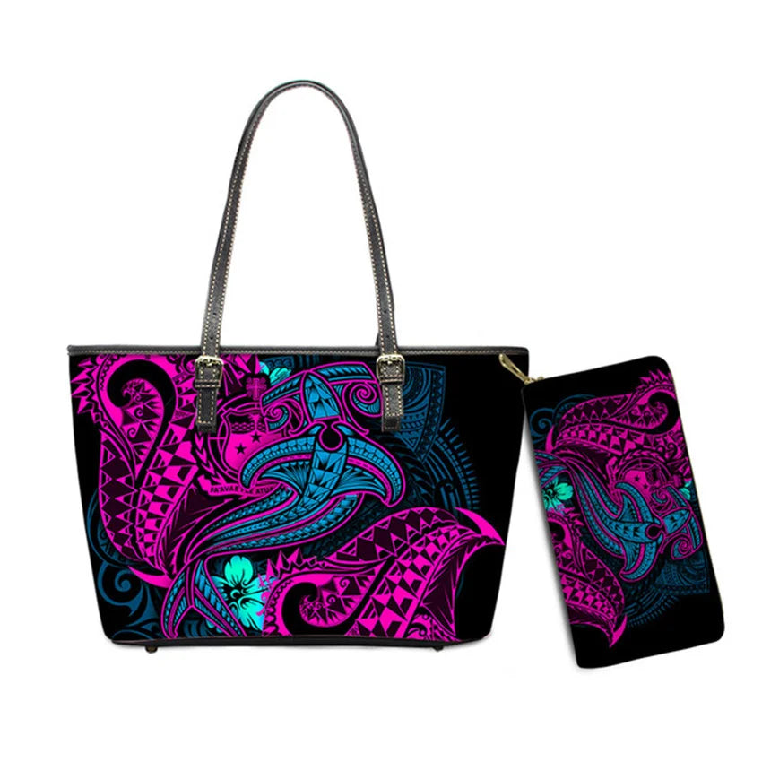 Hawaiian Flower Polynesian Design Print Women Handbags and Purses Set Customized Large Leather Tote Matching Long Zipper Wallet