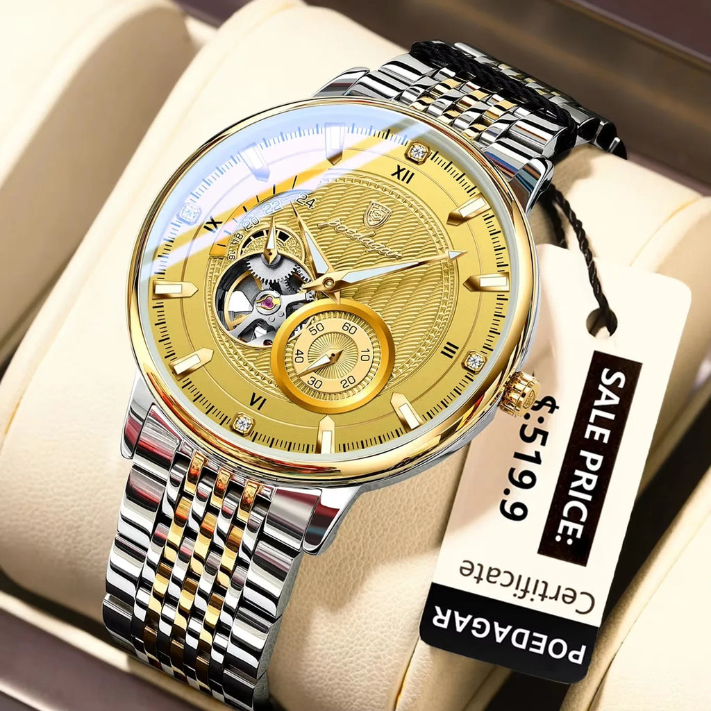 POEDAGAR 1416 Stainless Steel Men Waterproof Automatic New Luxury Man Watch Tourbillon Mechanical Hollow Out Men's Watches