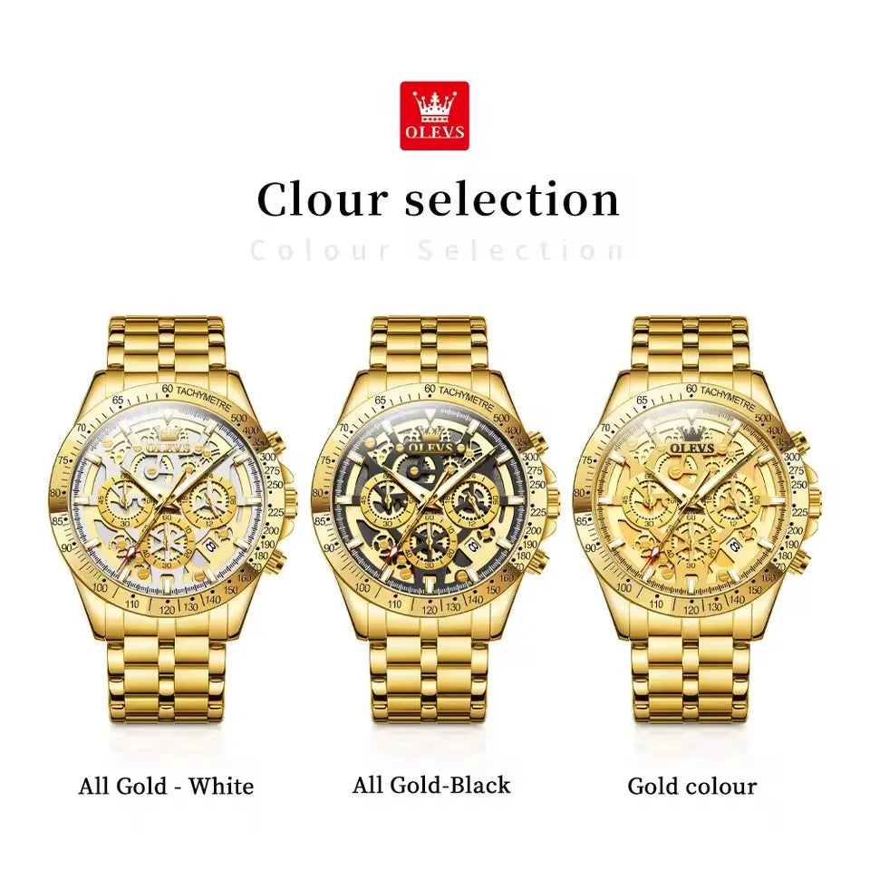 OLEVS Men's Watches Stainless Steel Quartz Watch for Men Waterproof Luminous Chronograph Calendar Men's Wristwatch Gold White