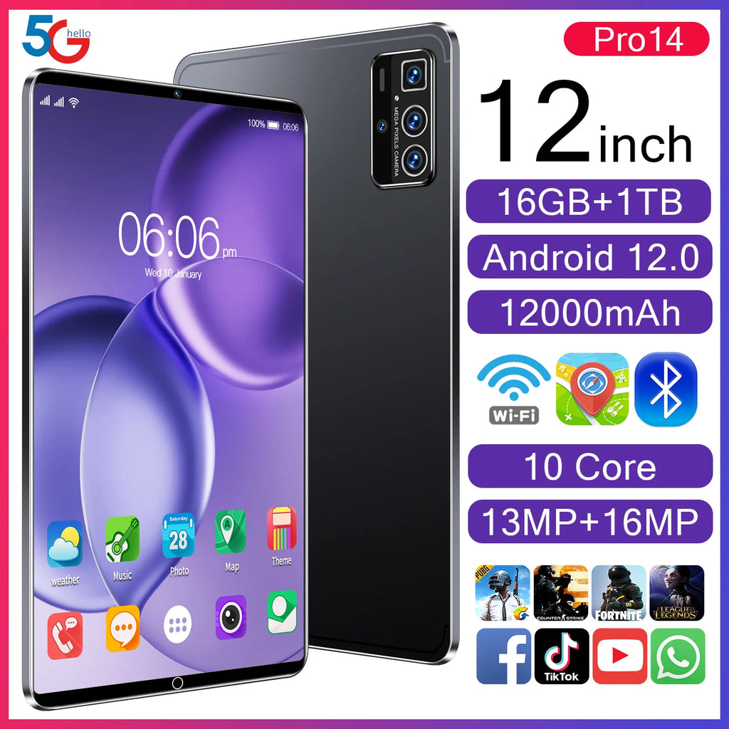 Hot Sell New 2025 Pad 16gb Ram 1tb Rom Dual Sim 12 Inch Wifi Gps Battery 4g 5g Calling Tablet Pc Gsm Tablet Pc