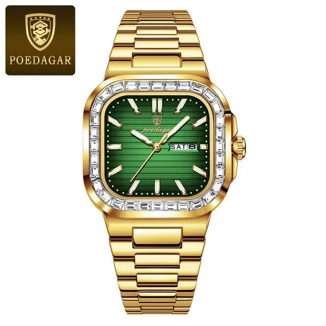 POEDAGAR New Luxury Gold Blue Quartz Watch for Men Stainless Steel Waterproof Luminous Date Week Fashion Square Men's Watches