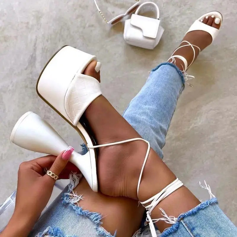 2023 Sandalias Mujer Tacones Talons Femme17CM Shoes Women Cup Block Heel Platform Lace up Sandals Peep Toe Heels