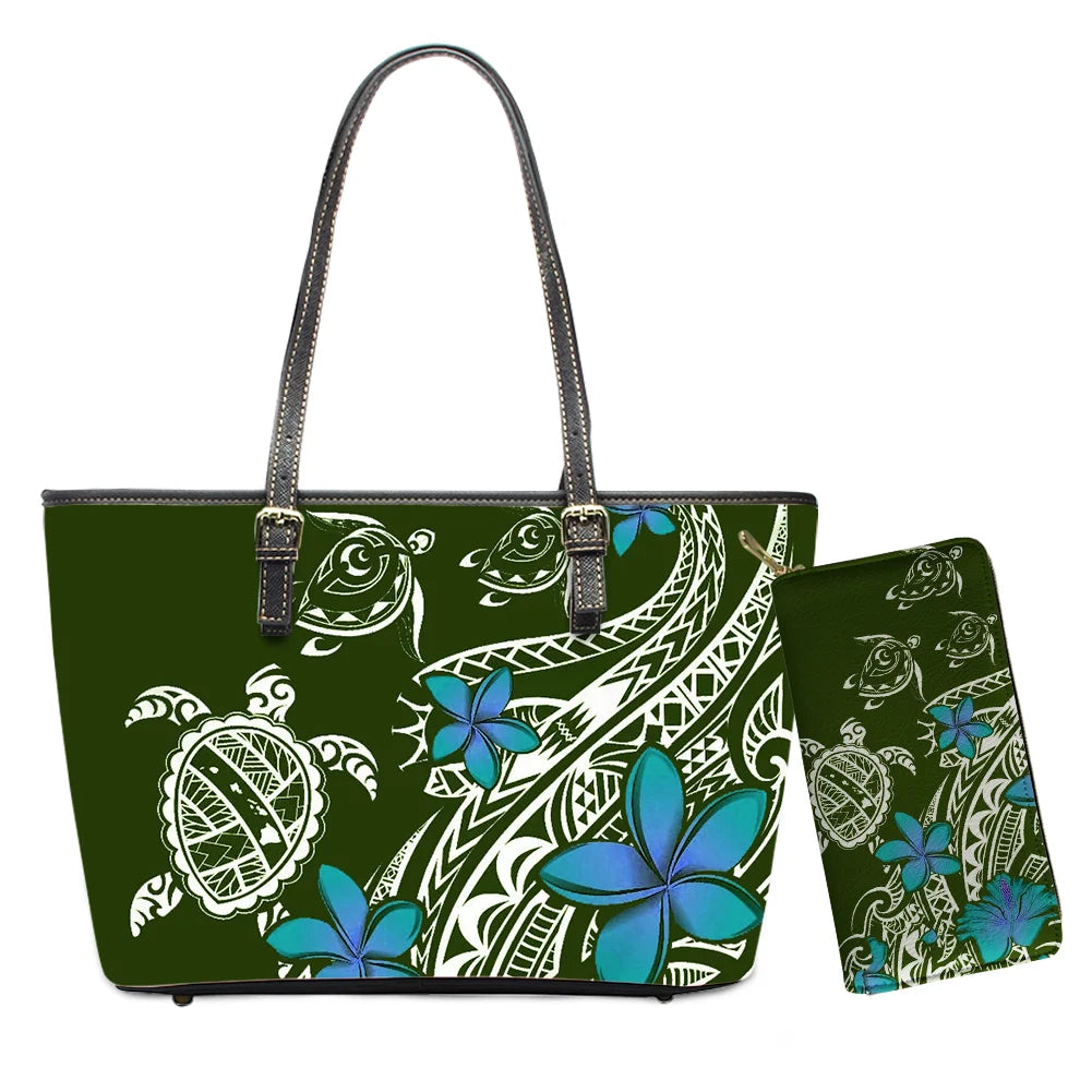 Hawaiian Flower Polynesian Design Print Women Handbags and Purses Set Customized Large Leather Tote Matching Long Zipper Wallet