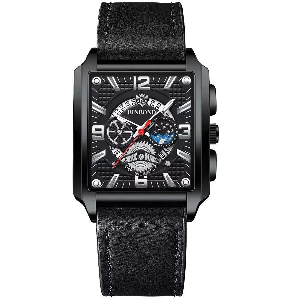 Binbond B6575 6575 Casual Square Waterproof Watch Stainless Steel Quartz Wrist Genuine Leather Belt Luminous Hands Men's Watches