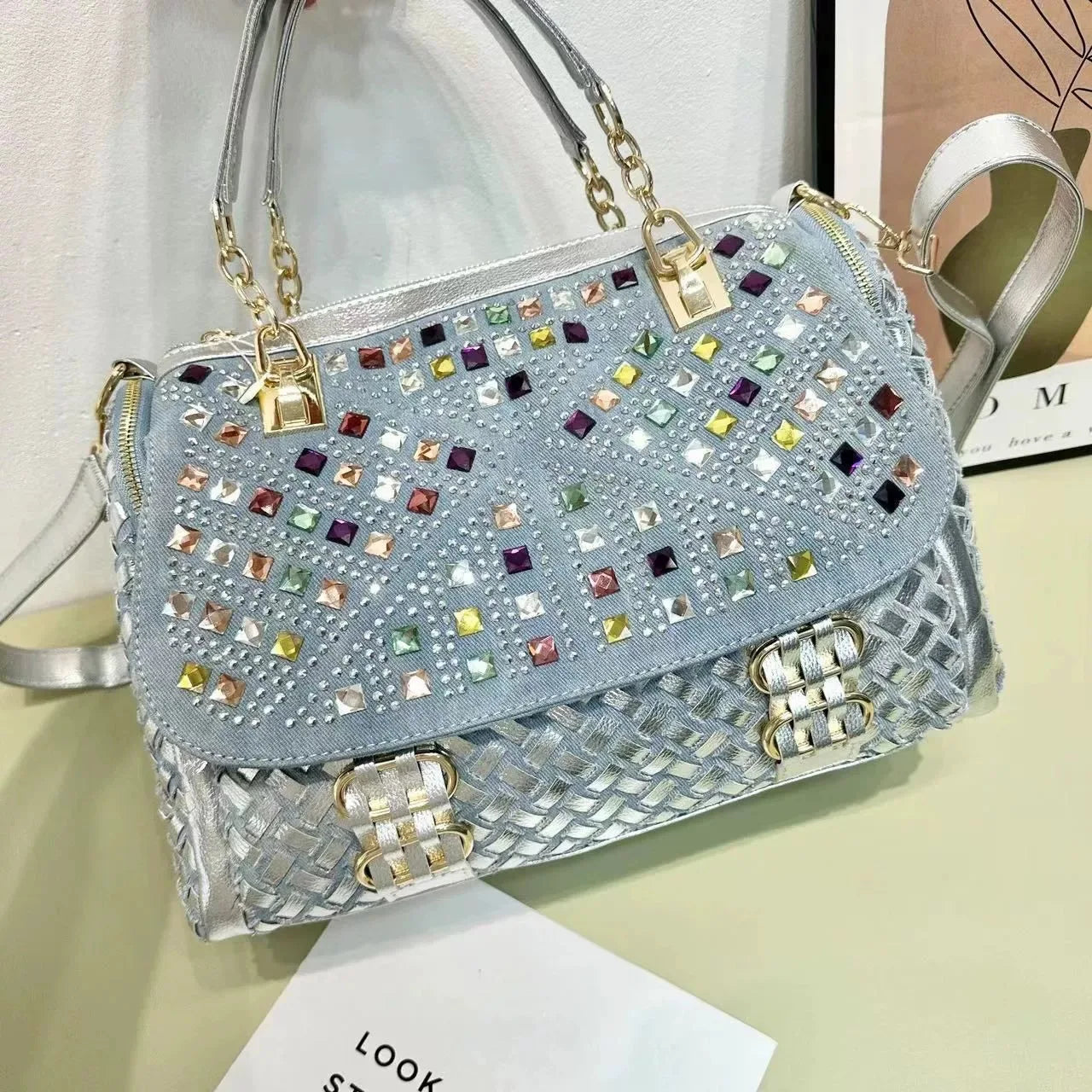 Renovate Denim Jean Casual Women Handbags Designer Shoulder Bags Rhinestone Decorative Womens Messenger Bag Totes