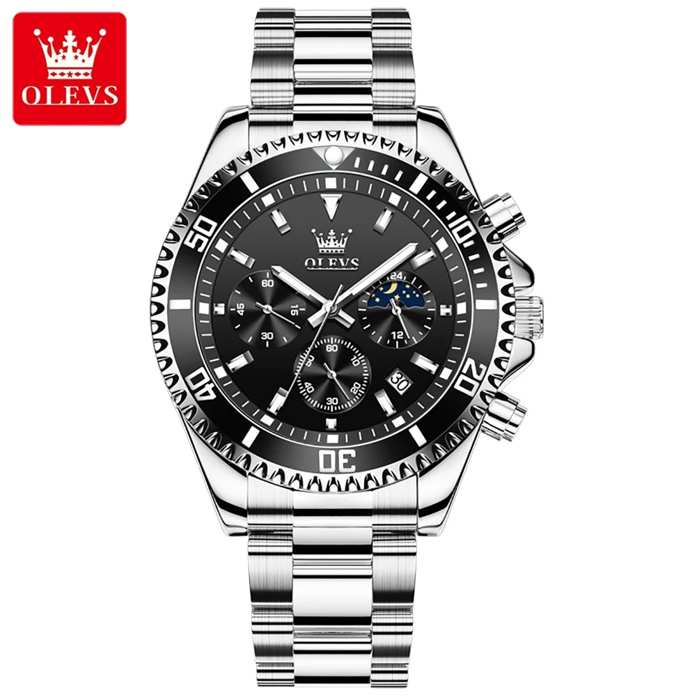 OLEVS 2870 Men's Watches Luxury Watch for Men Original Waterproof Stainless Steel Wristwatch Moon Phase Date Rota Dial