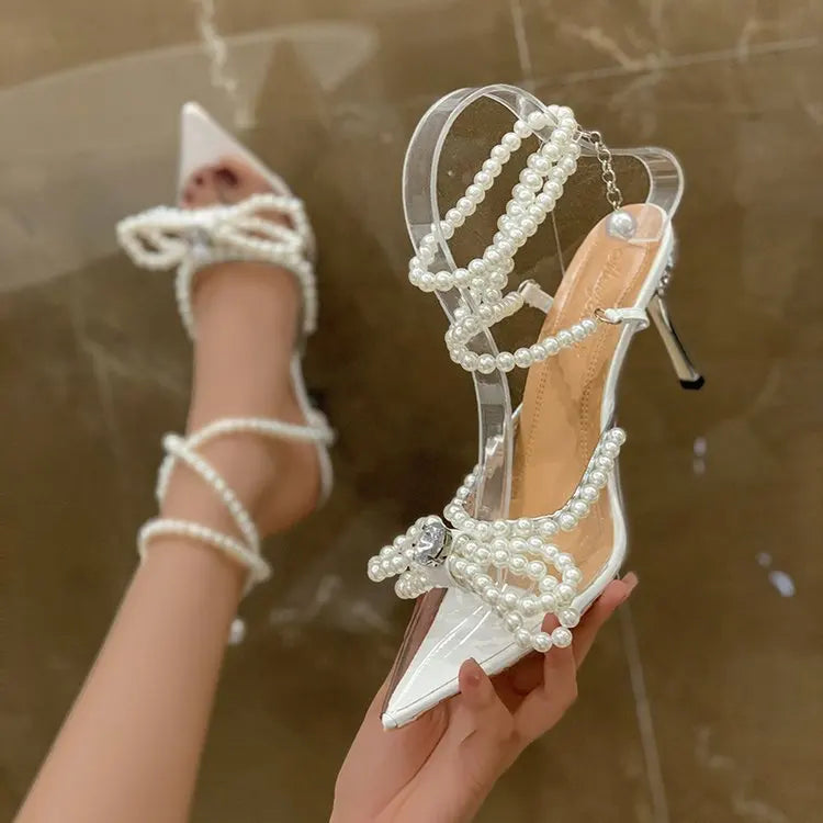 Summer New Fashion European and American Pearl Thin Heel Pointed Sandals Personalized Luxury Sexy High Heels