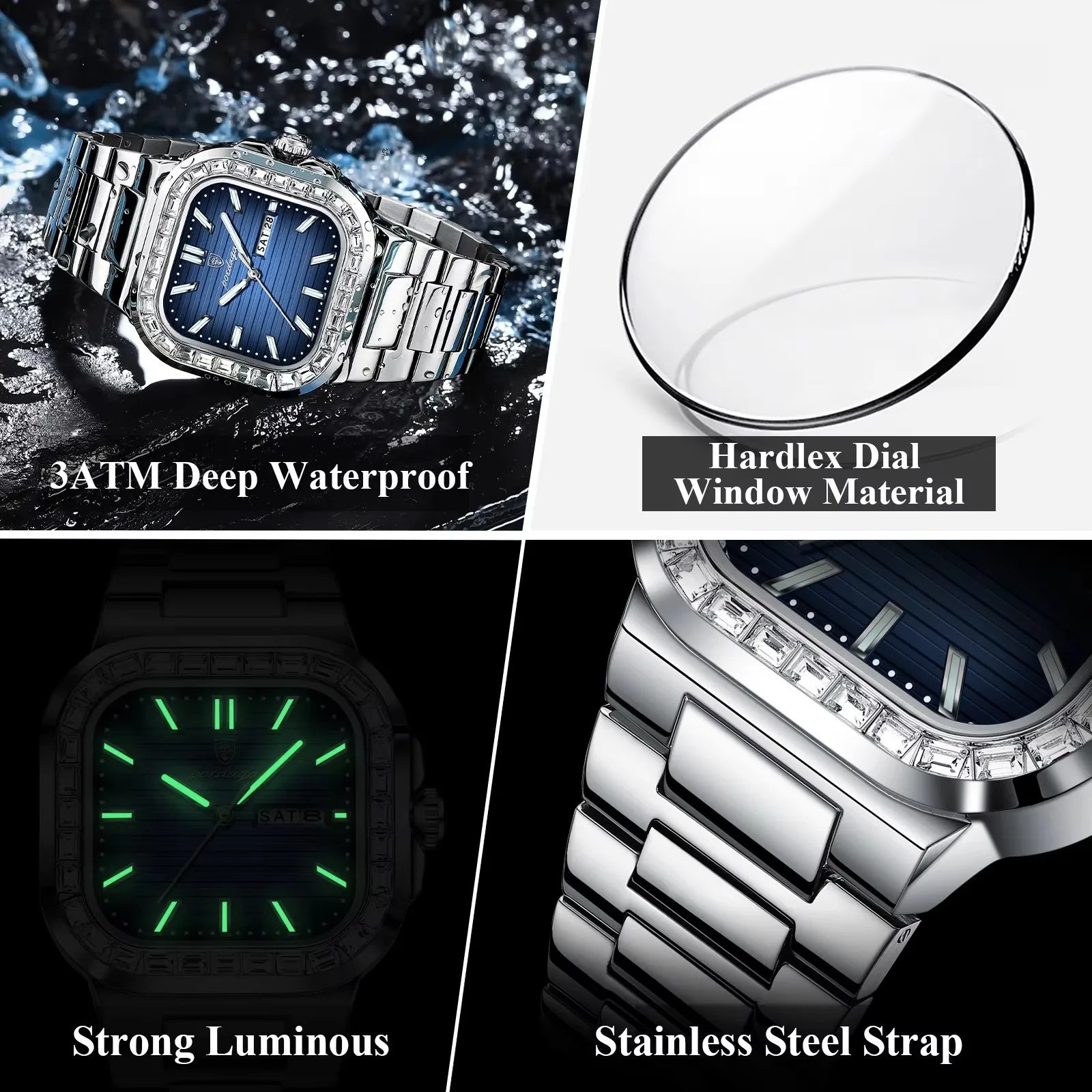POEDAGAR Luxury Watch for Men Waterproof Luminous Date Week Man Wristwatch Stainless Steel Square Diamond Quartz Men's Watches