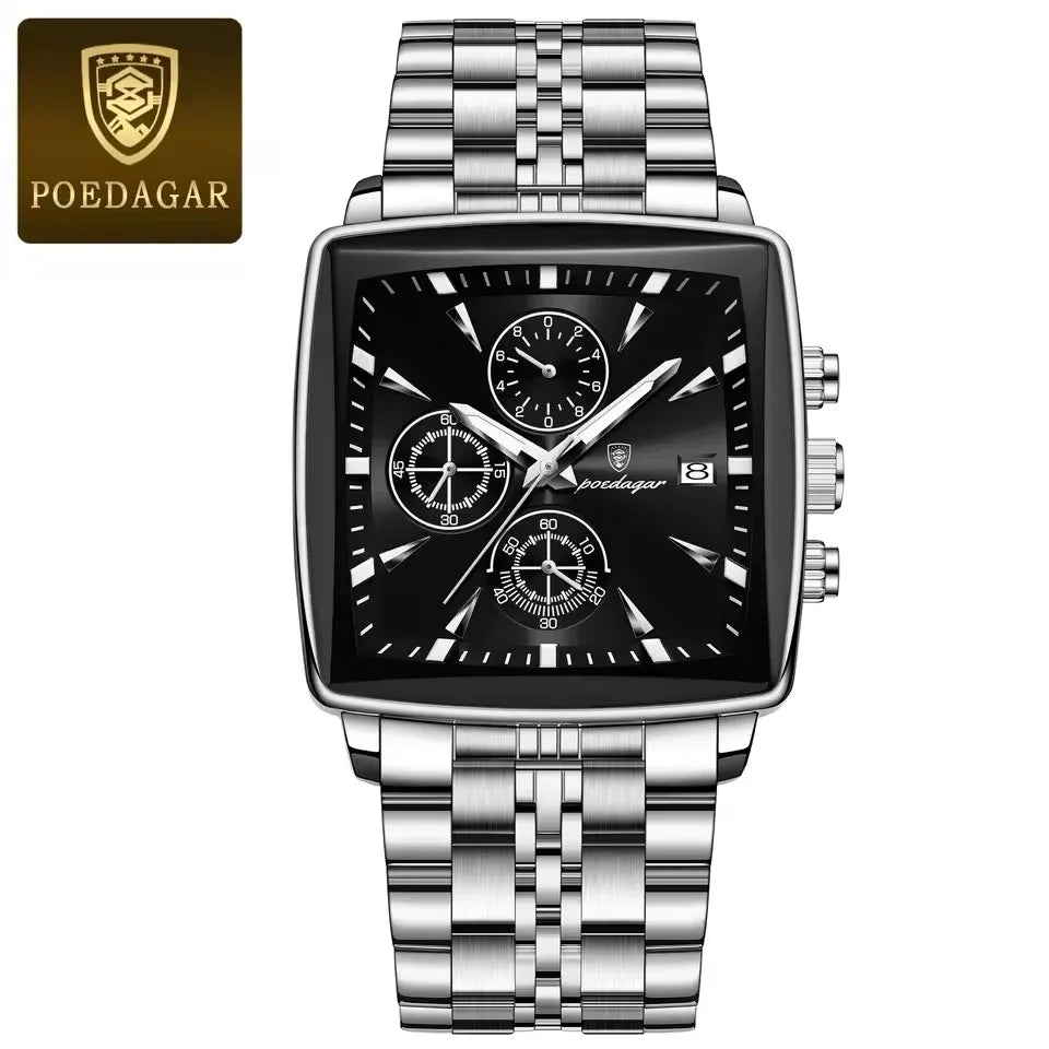 POEDAGAR 866 Fashion Square Sport Man Wristwatch Waterproof Luminous Chronograph Quartz Men's Watches Stainless Steel Men Watch
