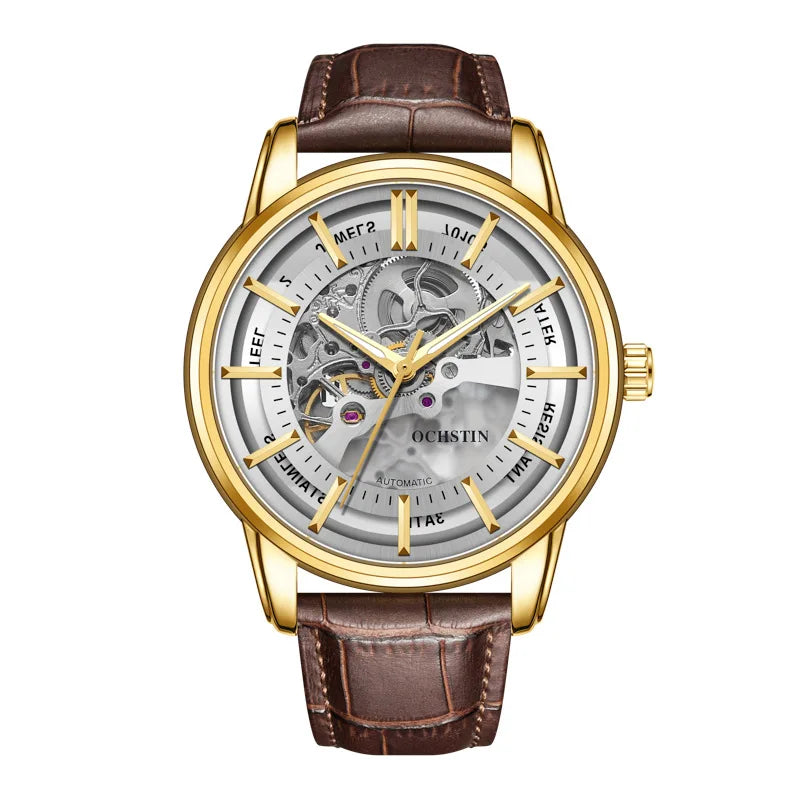 OCHSTIN 7010A GA7010A  Leather Strap Business Men's Watches Waterproof Fashion Clock Hollow Out Automatic Mechanical Wristwatch