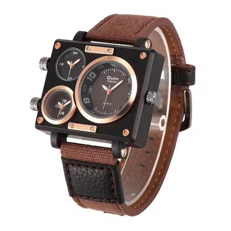Oulm 3595 Men's Watches Top Luxury Unique Designer Watches Fashion Square Big Face 3 Time Zone Casual Quartz Watch for Men