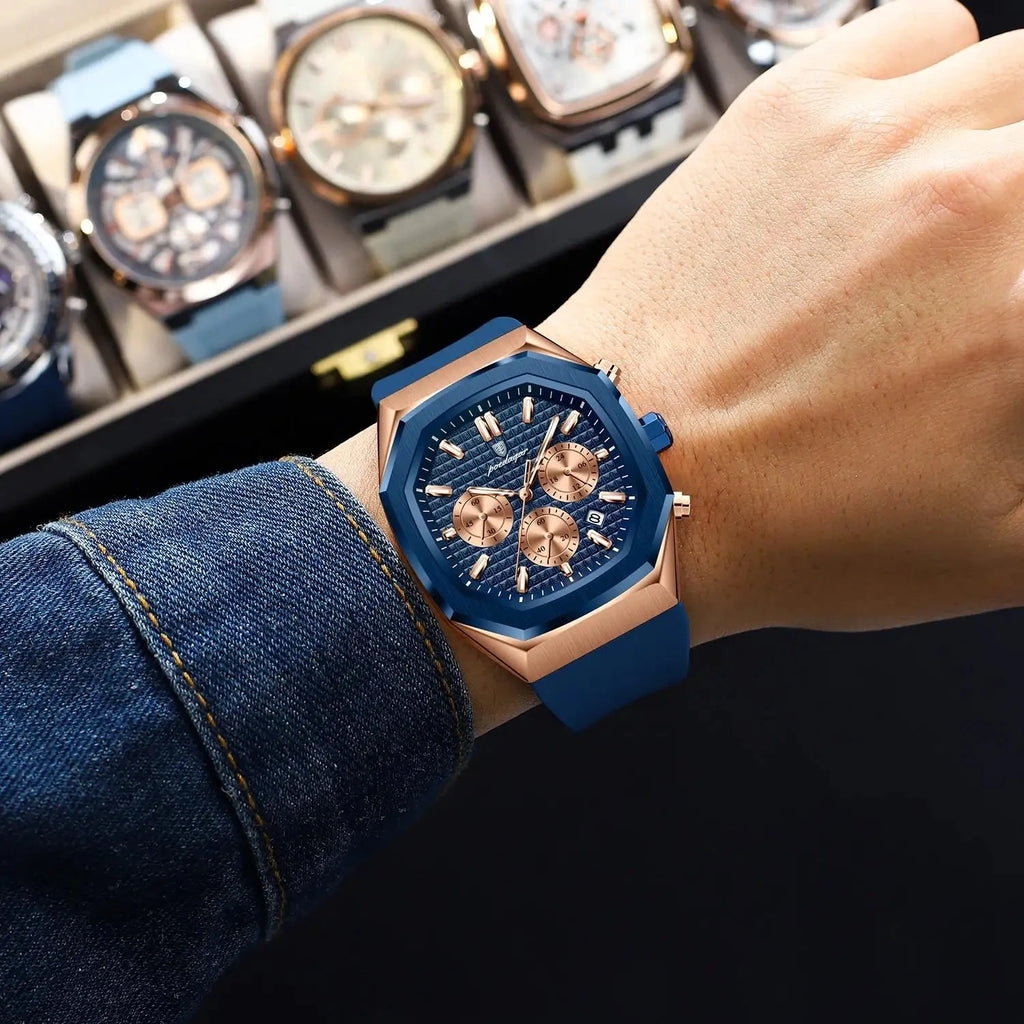POEDAGAR 893 Sports Man Wrist Waterproof Luminous Luxury Watch Male Soft Silicone Strap Chronograph Date Quartz Men's Watches