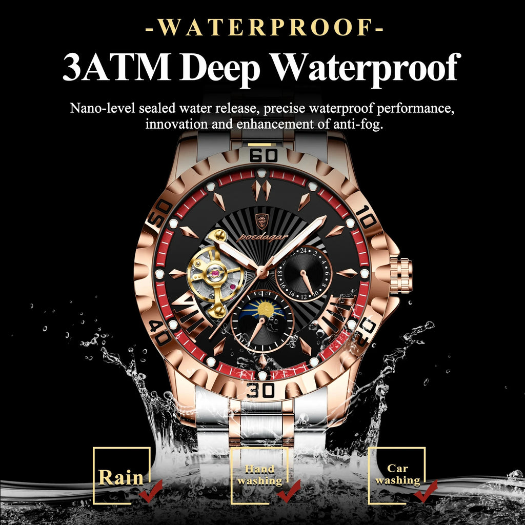 POEDAGAR 1415 Mechanical Watch Multi-functional Moon Phase Original Stainless Steel Automatic Luminous Waterproof Men's Watches