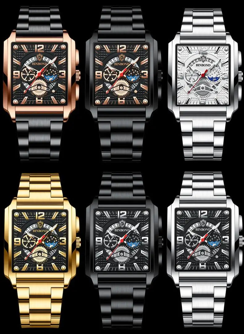 BINBOND B6575 6575 Fashion Brand Stainless Steel Leather Strap Waterproof Men's Watches Luxury Male Wristwatch Relogio Masculino