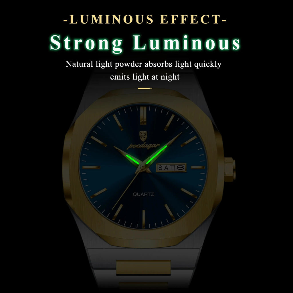POEDAGAR 825 Men Waterproof Luminous Week Man Watch Quartz Men's Watches Luxury Casual Stainless Steel Fashion Sports Wristwatch