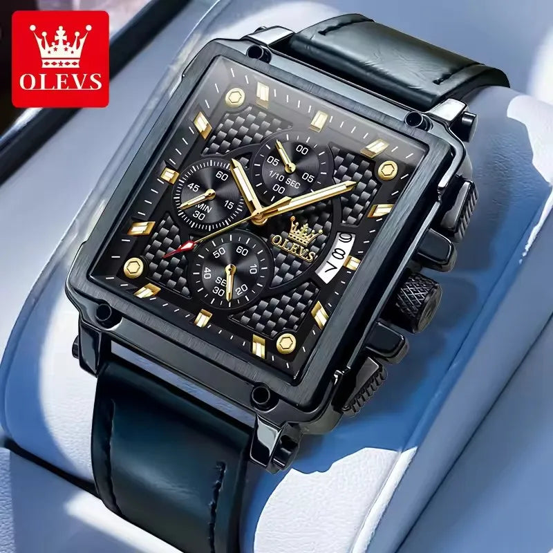 OLEVS Men's Watches 9925 Gold Black Square Quartz Watch Men Classic Leather Strap Fashion Waterproof Chronograph Wristwatch