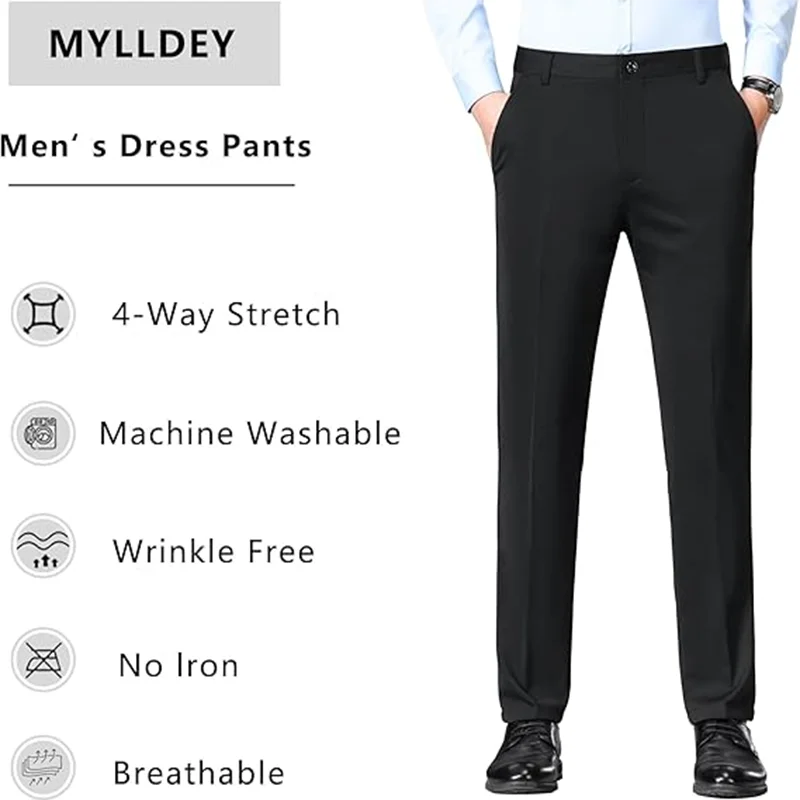High Quality Stretch Slim Straight Solid Color Casual Pants Men's Business Suit Long Trousers With Pockets Office Gentleman