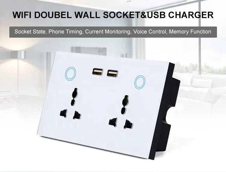 UEMON WiFi Smart Home Double Wall Switch Socket with 2 USB Power Plug Tuya Multi-Function Smart Power Socket