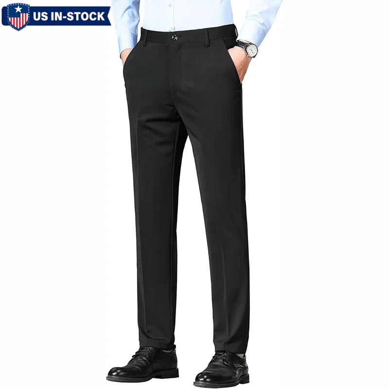 High Quality Stretch Slim Straight Solid Color Casual Pants Men's Business Suit Long Trousers With Pockets Office Gentleman